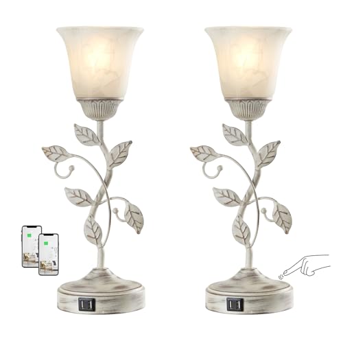 Set of 2 Rustic Touch Table Lamps for Bedroom 2 USB C+A - color: 2 Pack - Retro White