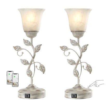 Set of 2 Rustic Touch Table Lamps for Bedroom 2 USB C+A - color: 2 Pack - Retro White