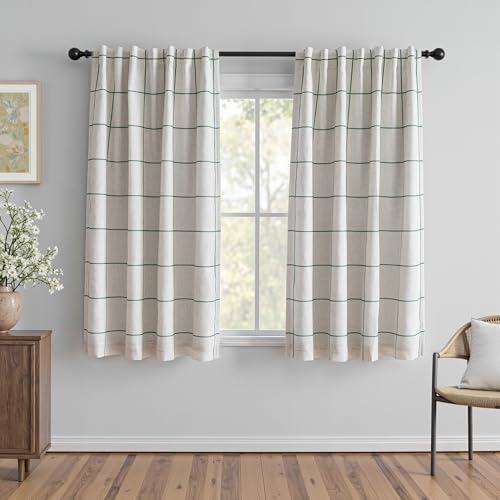 MYSKY HOME 100% Blackout Plaid Linen Curtains 63 Inches Long Double Layer Farmhouse Thermal Insulated Checkered Print Drapes with Rod Pocket Back Tab for Bedroom Living Room, 2 Panels, 52"Wide, Green - color: Green, size: 52"W x 63"L (Pack of 2)