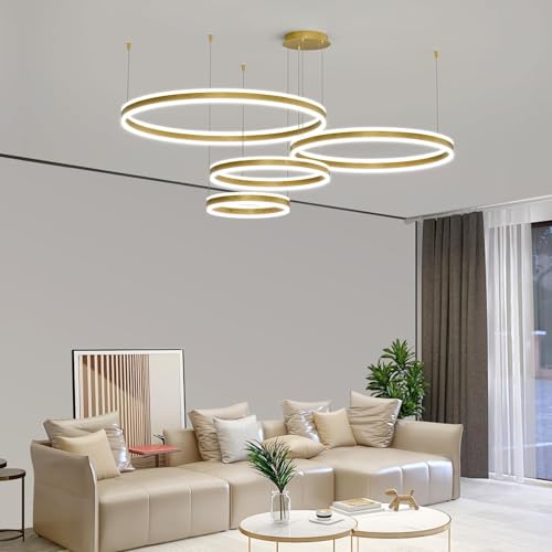 Modern LED Chandelier Light, 4 Ring Gold Pendant Lighting Fixture, Adjustable Hanging Ceiling Lamp for Dining Room, Kitchen Island, Entryway, Living Room, Dimmable Dining Light Over Table
