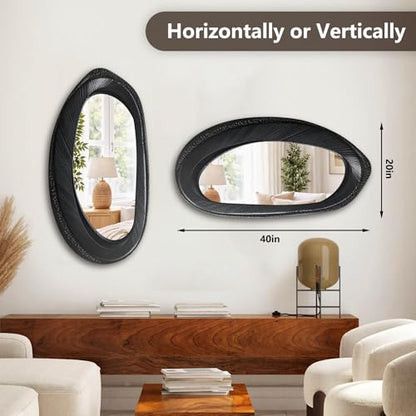 POZINO 40"X20" Irregular Wall Mirror, Black Asymmetrical Wood Mirror - size: 40"L x 20"W