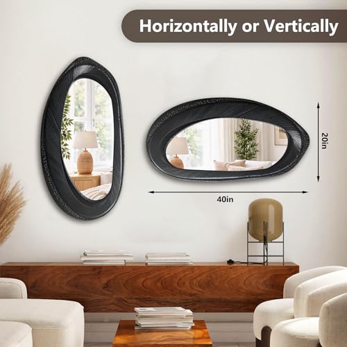 POZINO 40"X20" Irregular Wall Mirror, Black Asymmetrical Wood Mirror - size: 40"L x 20"W