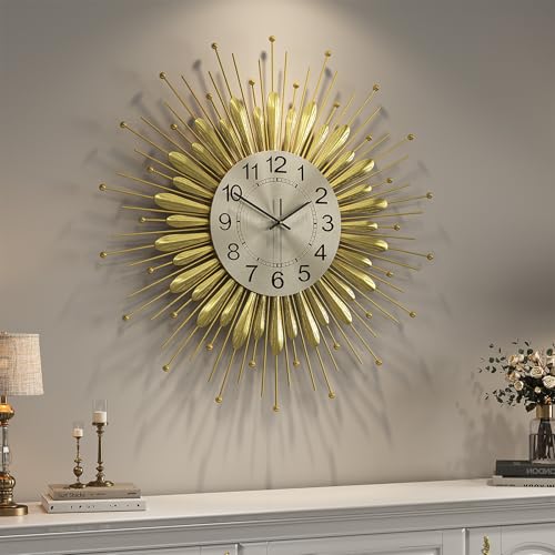 Cuspin 24 Inch Gold Wall Clock Mid Century Sunburst Metal Decorative Clock - color: Gold Sunburst, size: Small