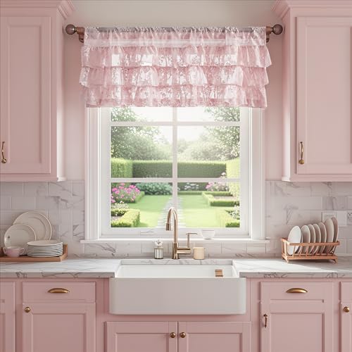 Kotile Pink Ruffle Lace Valance for Windows W52 x L18 Inch, 1 Panel - color: Pink - Ruffle Lace