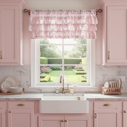 Kotile Pink Ruffle Lace Valance for Windows W52 x L18 Inch, 1 Panel - color: Pink - Ruffle Lace