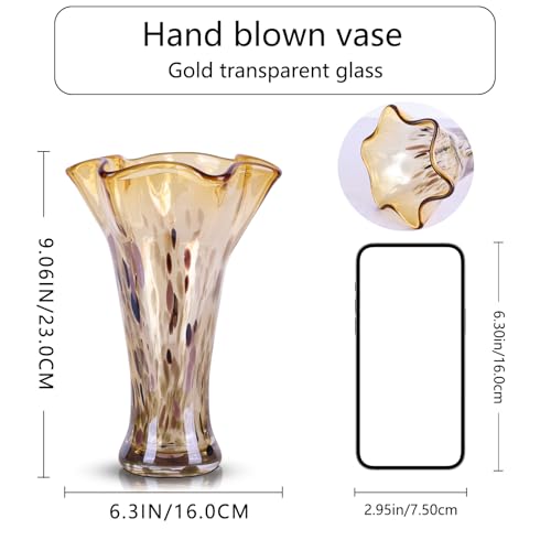 9.0" H Amber Glass Vases for Flower, Unique Hand Blown Glass Vase - color: Gold Amber