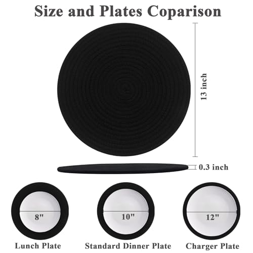 Round Placemats Set of 6, Cotton Rope Woven Table Mats, Hot Pads for Kitchen, Non Slip Heat Resistant Place Mats, 13 Inches Braided Placemat for Farmhouse Decor and Kitchen Table Decor (Black) - color: Black