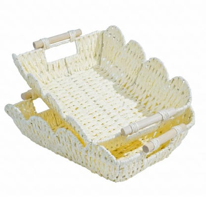 Coeusy Set of 2 Paper Rope Scalloped Baskets, Cute Wicker Baskets White - color: White