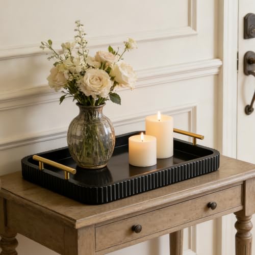 Rectangle Modern Wood Serving Tray with Metal Handles, High Gloss Black Finish, 16x12 Inch Coffee Table Ottoman Tray for Storage and Display (Black) - color: Black