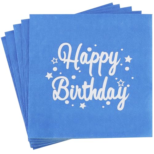 Vuzvuv 52 Pack Happy Birthday Cocktail Napkins Cursive Design - Birthday Party Dinner Hand Napkin with Silver Stampin for Party Supplies Decorations Table Decor(5" Folded 3 Ply- Blue) - color: Handwrite Blue