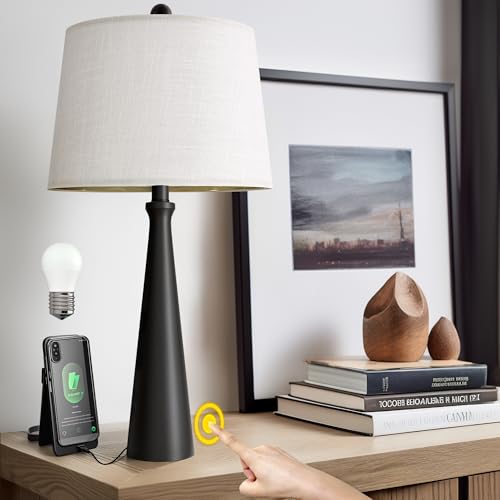 Oneach 25.75" Table Lamps for Living Room, Bedside Lamp 3-Way Dimmable Touch Control, Modern Black Nightstand Lamp with Fabric Shade, Vintage Table Lamp for Bedroom, Bulb Included - color: Matte Black