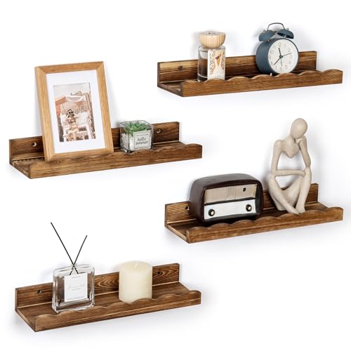 Fun Memories Picture Ledge Shelf for Wall, 16 inch Pine Wood Nursery Book Shelves Set of 4- Wall Book Shelves for Kids Room, Home Decor - Kitchen Spice-Carbonized - color: Carbonized Brown, size: 16", Set of 4
