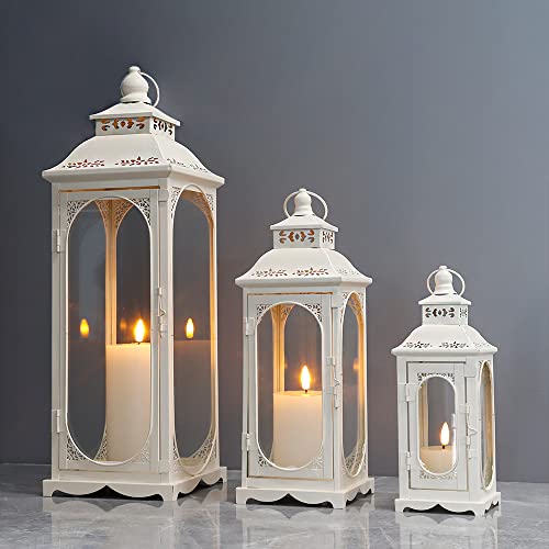 TRIROCKS Set of 3 Vintage Candle Lanterns 10/14/19.5'' High Decorative Outdoor Lantern Metal Candle Holder with Tempered Glass for Home Living Room Garden Yard Parties Events Indoors Outdoors (White) - color: White, size: Set of 3 (Small/Medium/Large)
