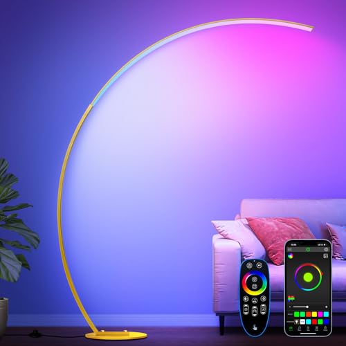 RGB Floor Lamp with 3 Color Temperatures, Ultra Bright 1800LM Smart Arc LED Floor Lamp with Remote Control, Music Sync, Scene Modes, Modern Standing Tall Lamp for Bedroom Living Room Gaming Rooms-Gold - color: Gold-RGB–67"–350" Ultra-Wide Coverage