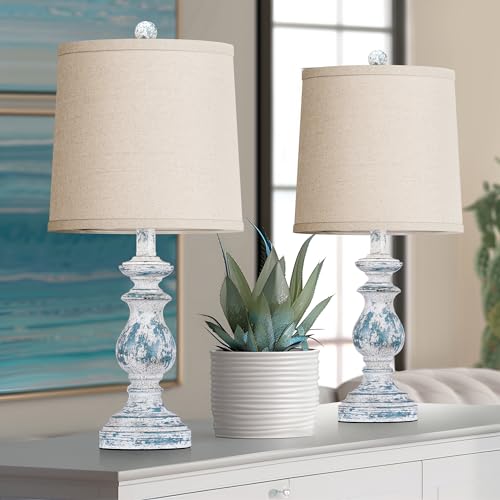 PARTPHONER Traditional Table Lamp Set of 2, Rustic Farmhouse Table Lamps for Living Room Bedroom, 22" Bedside Desk Lamps Vintage Nightstand Lamps with Linen Shades, Washed Blue - color: Washed Blue, size: 22 Inch