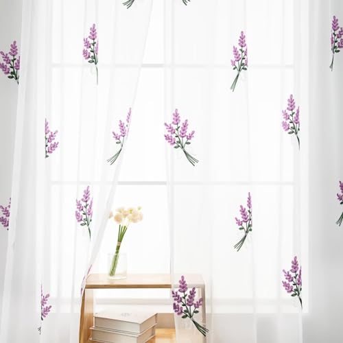 Floral Sheer Curtains Embroidered Lavender Patterned Semi-Sheer Curtain 63 Inches Long 2 Panels Rod Pocket Spring Voile Drapes for Living Room, Bedroom(W52 x L63 Inch, White&Purple) - color: Purple, size: 52"W x 63"L (Pack of 2)