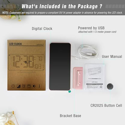 KOSUMOSU Clock for Bedroom, 6.7in Digital Alarm Clock, Auto Dimming, Room Temperature, Day of The Week, Seconds, Date, Alarm Clocks for Bedrooms, Digital Clocks for Living Room - color: Pink (White + Blue Digits)