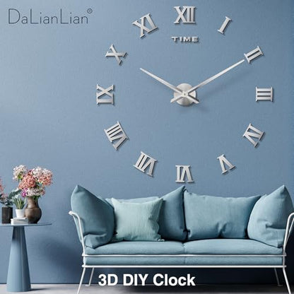 DIY Frameless Wall Clock, 3D, Adjustable Up to 52”, Silver - color: Silver