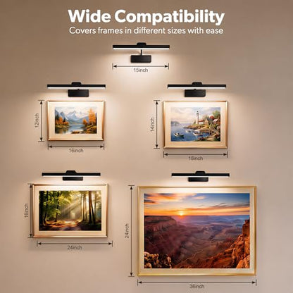 3 Pack Picture Light for Wall, 15'' Wireless Rechargeable 5000mAh Art Light with Remote, Dimmable Magnetic LED Painting Light, Battery Operated Wall Light for Display Gallery, Hallway, Living Room