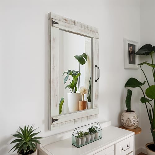 Oakrain Farmhouse Mirror, 24x32 Inch Distressed Gray Wood Frame with Black Metal Hinges, Rustic Wall Mirror for Bathroom, Living Room, Entryway, Bedroom - color: Grey-rectangular
