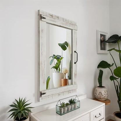 Oakrain Farmhouse Mirror, 24x32 Inch Distressed Gray Wood Frame with Black Metal Hinges, Rustic Wall Mirror for Bathroom, Living Room, Entryway, Bedroom - color: Grey-rectangular
