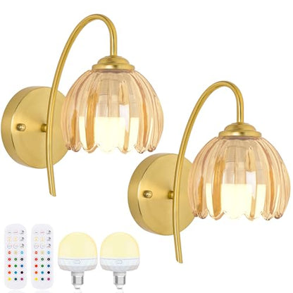 Battery Operated Wall Sconces Set of 2, Amber Tulip Glass Wall Lights | Rechargeable flower wall lamps with remote control, 15 colors, 10-level dimming and timer for bedroom and living room - color: Amber Tulip