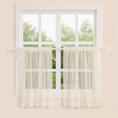 Molaxhome Kitchen Curtains Valance Beige Lace Floral Semi Sheer Curtain - color: Beige, size: 29"W x 35"L (Pack of 1)