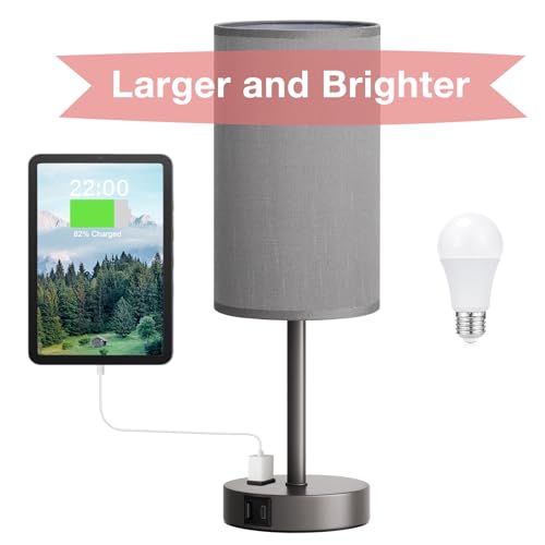 Fenmzee 17.4" Grey Lamp for Bedroom - Dimmable Touch, USB A+C, AC Outlet - color: Grey - Grey, size: 17.4"