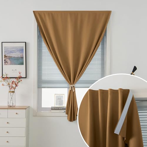 Self Adhesive Curtains, Stick Curtain Blackout Shades Window Cover Curtains for Living Room No Drilling, 35" W X 59" L, Brown, 1 Panel - color: Brown, size: 35"W x 59"L (Pack of 1)