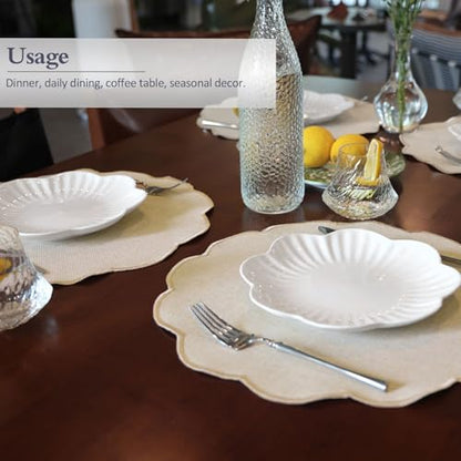 AHHFSMEI Round Scalloped Placemats Set of 6 15 Inch Faux Linen - color: Beige
