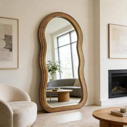 71"x33.5" Wavy Full Length Mirror with 3-Layer Solid Wood Frame - color: Natural Wavy Frame, size: 71"L x 33.5"W