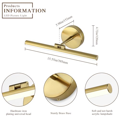 Hardwired Adjustable Lighting Gold Modern LED Picture Lights for Paintings 15.7'' Inch Long Swing Arm Metal Art Lights Warm White 3000K - color: Hard-Wired Brass-round base, size: 15.7inch Dimmable