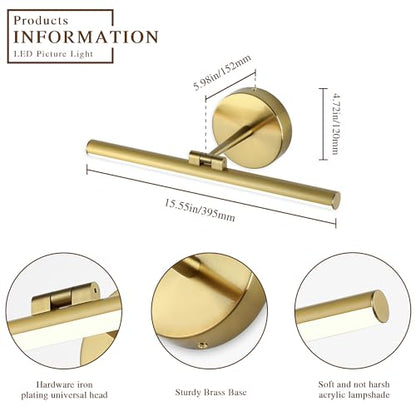 Hardwired Adjustable Lighting Gold Modern LED Picture Lights for Paintings 15.7'' Inch Long Swing Arm Metal Art Lights Warm White 3000K - color: Hard-Wired Brass-round base, size: 15.7inch Dimmable