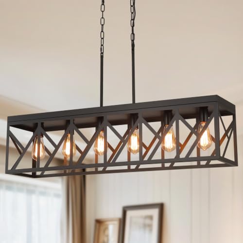 Rustic Farmhouse Metal Kitchen Island Lighting, 6 Lights Rectangular Pendant Light Fixture, Adjustable Rods Modern Metal Linear Chandelier for Kitchen Island Farmhouse Dining Room, Black - size: Large 6 lights