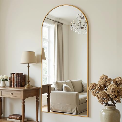 Antok 71" x 32" Arched Full Length Floor Mirror, Aluminum Frame, Gold - color: Gold, size: 71"L x 32"W