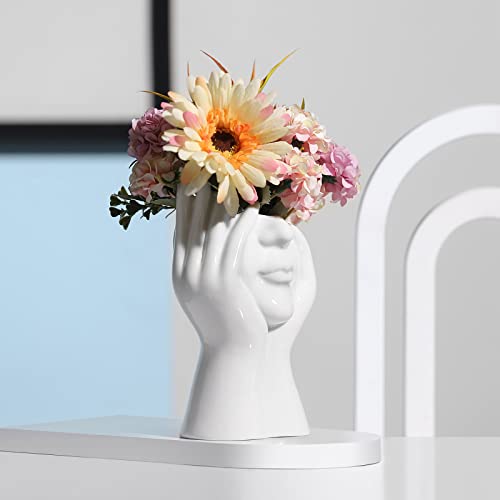 BrownLove Ceramic Face Vase White Flower Vase for Decor Female Form Face Vase Art Vase Modern Decorative Vase Centerpiece for Table Shelf Living Room Office Bedroom - style: Face Vase - Hands Over Face