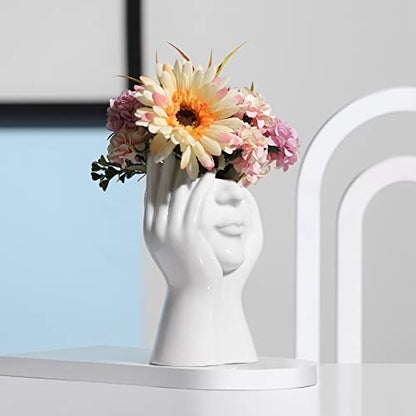 BrownLove Ceramic Face Vase White Flower Vase for Decor Female Form Face Vase Art Vase Modern Decorative Vase Centerpiece for Table Shelf Living Room Office Bedroom - style: Face Vase - Hands Over Face