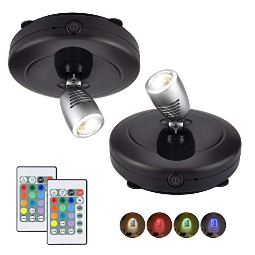 LUXSWAY Battery Operated LED Spot Lights Indoor,Wireless Accent Lights with Dimmable,12 Color Changing Puck Light with Remote,Closet Lights with Rotatable Light Head Dartboard Lighting-Black - color: Black+Silver Head-2Pack