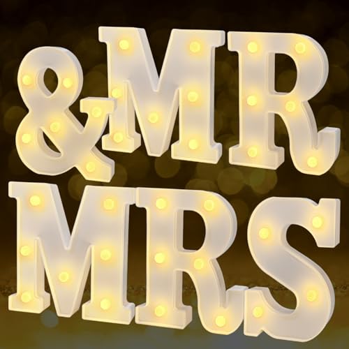 JUSTOTRY 6Pcs Mr & Mrs LED Light Up Letters, 6.2 Inch Shiny Freestanding Mr and Mrs Sign Lights for Marriage Anniversary Celebration Engagement Banquet Wedding Table Decoration (Warm White) - color: Soft Amber