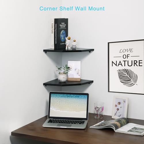 Joiishom Wood Corner Wall Shelves Set of 2, Solid Wood Corner Floating Shelves, Round End Wall Mounted Floating Corner Shelf for Bedroom, Living Room and Kitchen (Black-12 inch) - size: Black-12 inch
