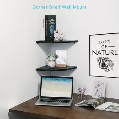 Joiishom Wood Corner Wall Shelves Set of 2, Solid Wood Corner Floating Shelves, Round End Wall Mounted Floating Corner Shelf for Bedroom, Living Room and Kitchen (Black-12 inch) - size: Black-12 inch