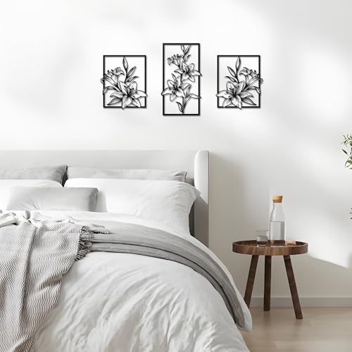 Set of 3 Lily Black Metal Wall Art Line Art Living Room Bathroom Home Decor | 3-Piece Matte Black Lily Metal Wall Sculpture, Floral Line Decor for Living Room Bedroom Bathroom, Ideal All-Occasion Gift