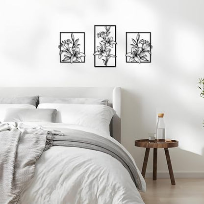 Set of 3 Lily Black Metal Wall Art Line Art Living Room Bathroom Home Decor | 3-Piece Matte Black Lily Metal Wall Sculpture, Floral Line Decor for Living Room Bedroom Bathroom, Ideal All-Occasion Gift