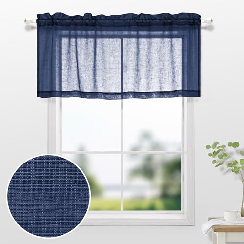 KOUFALL Navy Blue Valances for Windows,Sheer Linen Look Valance Curtains for Kitchen Bathroom,Dark Blue - color: Navy Blue
