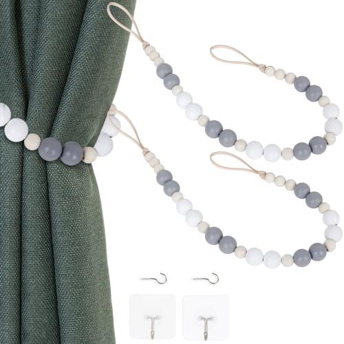 2 Pack Wood Bead Curtain Tieback, Boho Curtain Holdback for Wall - color: White, Gray, Wood Color