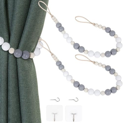2 Pack Wood Bead Curtain Tieback, Boho Curtain Holdback for Wall - color: White, Gray, Wood Color