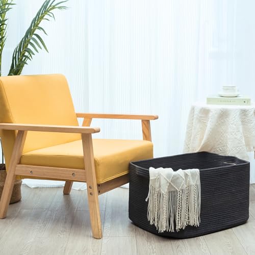 MINTWOOD Design 22in Extra Large Blanket Basket Holder Living Room, Rectangle Rope Woven Storage Basket with Handles for Laundry, Pool Towels, and Shoes, Dog Toy Organizer Bin Box, Charcoal - color: Charcoal Gray