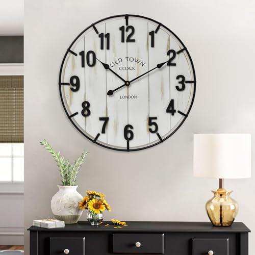 Large Old Town Farmhouse Wall Clock – 24 Inches Rustic Antique Wood with Metal Circle and Large Numerals, Silent Battery Operated Clock for Office, Kitchen, Bedroom, Living Room (Washed White) - color: White, size: 24 Inch