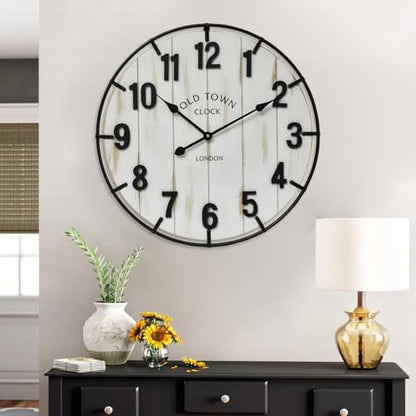 Large Old Town Farmhouse Wall Clock – 24 Inches Rustic Antique Wood with Metal Circle and Large Numerals, Silent Battery Operated Clock for Office, Kitchen, Bedroom, Living Room (Washed White) - color: White, size: 24 Inch