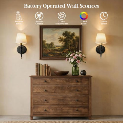 Battery Operated Wall Sconces Set of 2, Wireless Rechargeable Wall Lights with 12 RGB Colors and 3CCT Dimmable, Small Fabric LED Wall Lamps for Bedroom, Living Room, Hallway, Black Gold - color: Black Gold